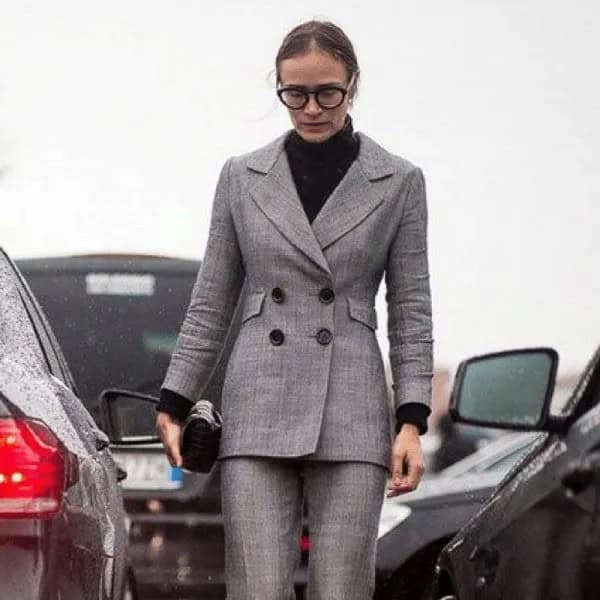 Grey Tweed Double Breasted Suit with Black Turtleneck Sweater