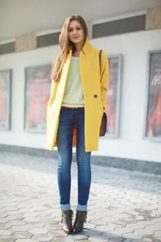 Yellow Long Wool Coat with White Sweater & Cuffed Jeans