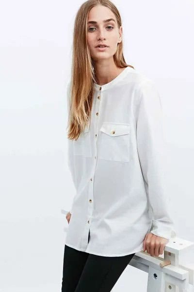 White Front Pocket Grandad Collar Shirt