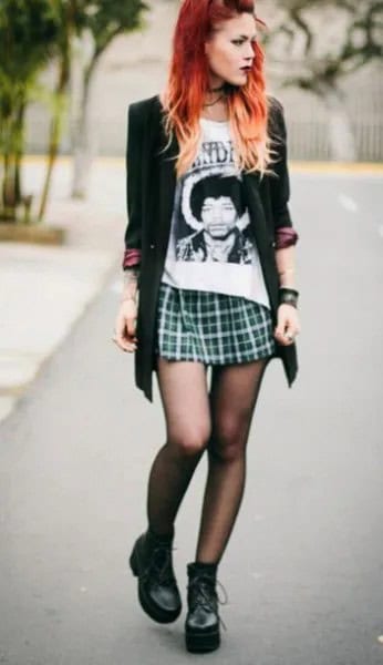 Black Long Blazer with Mini Plaid Skirt