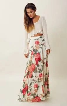 White Bell Sleeve Crop Top with Floral Printed Floor Length Bohemian Skirt