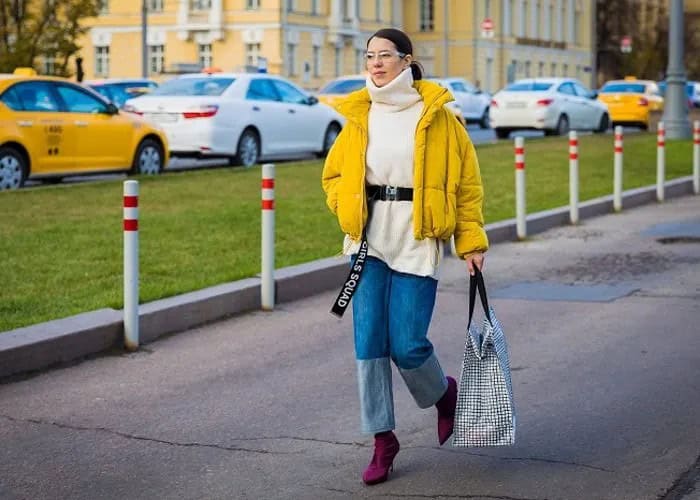 Yellow Jacket with Black Turtleneck Chunky Sweater & Wide Leg Jeans