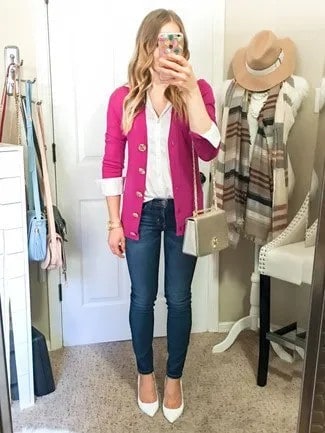 Hot Pink Slim Fit Sweater Cardigan with Dark Blue Jeans