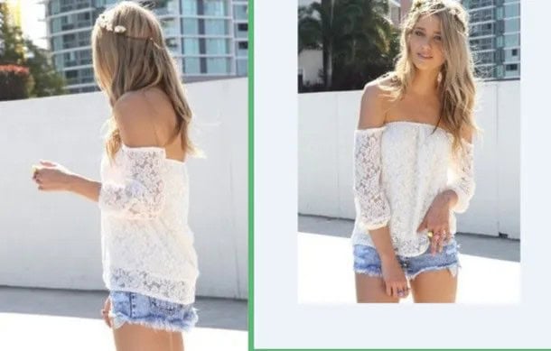 White Long Sleeve Off The Shoulder Lace Shirt with Light Blue Mini Denim Shorts