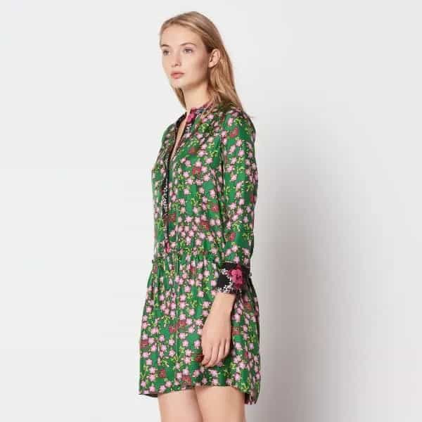 Green and White Long Sleeve Floral Printed Mini Dress