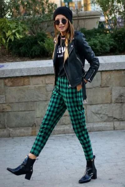 Checkered Pants with Black Leather Jacket & Knit Hat