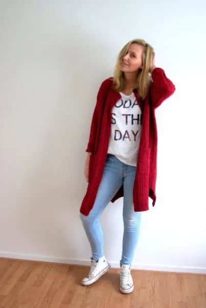 Red Longline Cardigan with White Graphic T Shirt & Light Blue Skinny Jeans