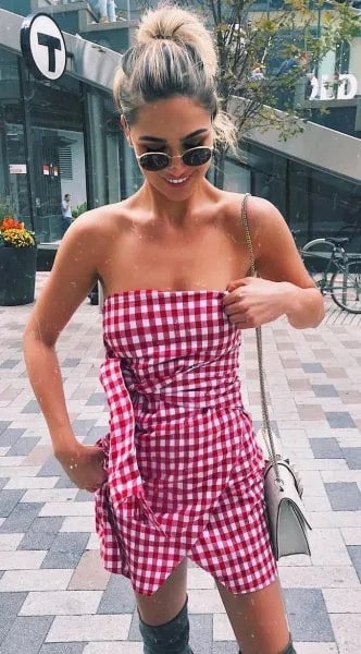 Grey and White Plaid Tube Wrap Dress