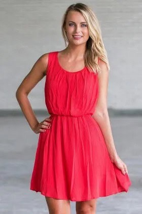 Red Gathered Waist Tank Mini Pleated Sundress