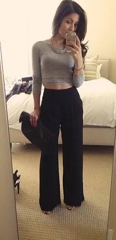 Grey Cropped Long Sleeve Form Fitting Tee with Black High Waisted Wide Leg Trousers