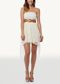 Two-Toned White Belted High Low Dress