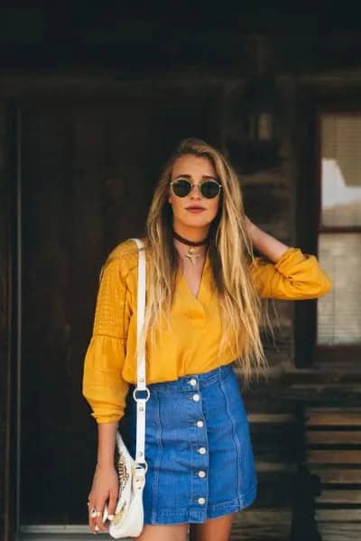 Mustard V Neck Blouse with Blue Denim High Waisted Mini Skirt