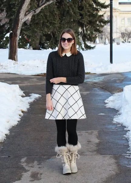 Black Ribbed Sweater with White Printed Skater Skirt