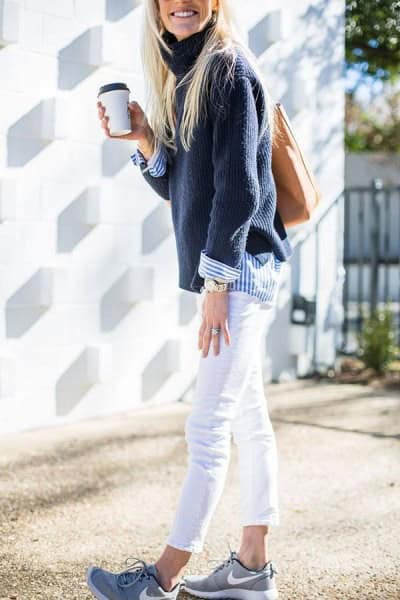 Navy Sweater with Blue and White Striped Button Up Shirt