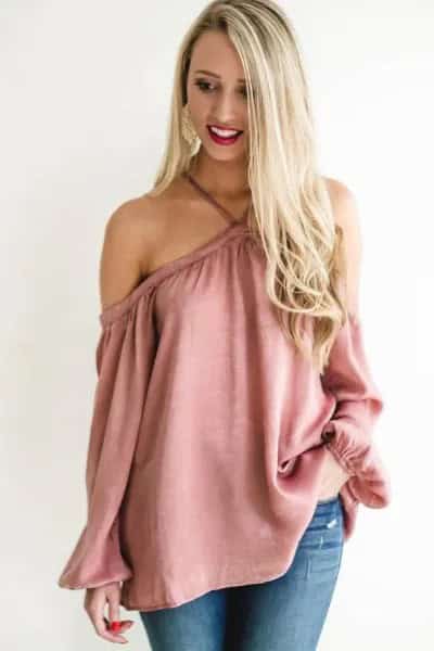 Blush Pink Criss Cross Neck Off-Shoulder Blouse