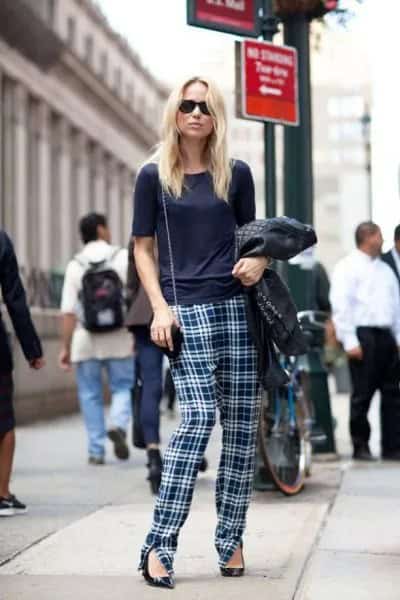 Black T Shirt with Plaid Pants & Pointed Toe Heels