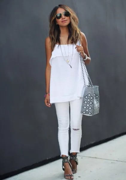 White Spaghetti Strap Chiffon Top with Jeans & Heeled Black Summer Sandals