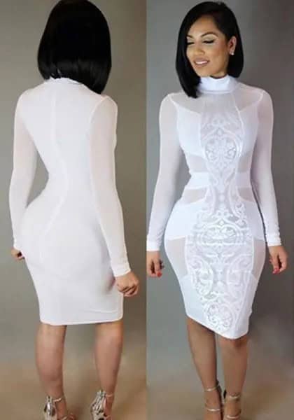 White Long Sleeve Lace Mock Neck Midi Dress