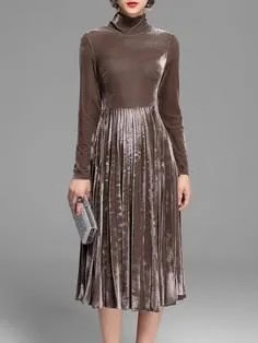 Grey Silk Mock Neck Long Sleeve Pleated Dress