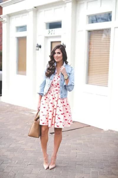 White and Red Fit and Flare Printed Mini Dress with Light Blue Denim Jacket