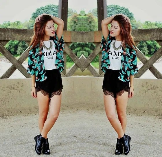 Black and White Tribal Printed Cardigan with Scalloped Hem High Rise Shorts