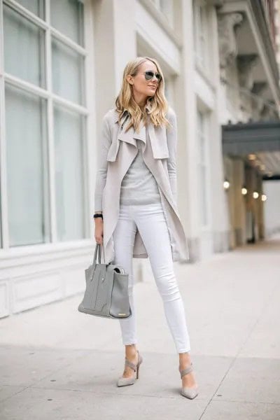 Pale Pink Sleeveless Coat with Grey Long Sleeve Tee