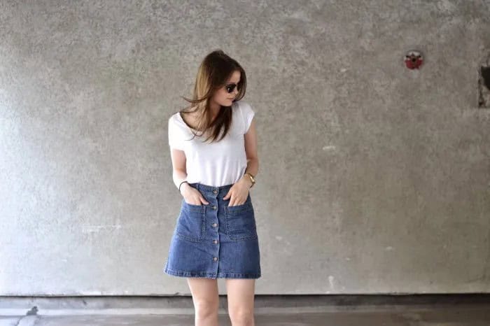 White T Shirt with Blue Denim Button Down Mini Skirt