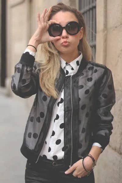 Black Mesh Bomber Jacket Over White Polka Dot Shirt