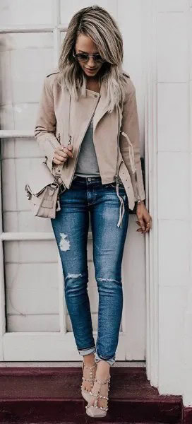 Pale Pink Leather Jacket with Ripped Stretch Jeans