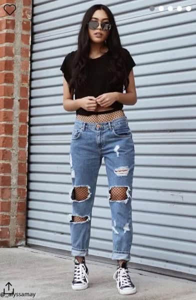 White Fishnet Cropped Tee with Mom Jeans & High Top Canvas Sneakers