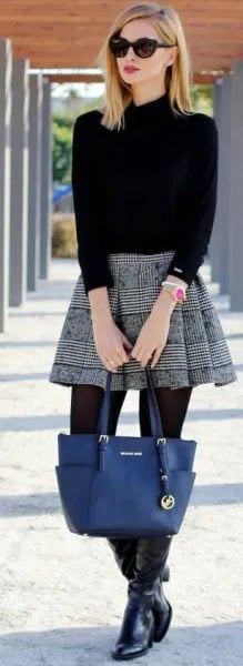 Mock Neck Sweater with Black and White Plaid Pleated Mini Skater Skirt