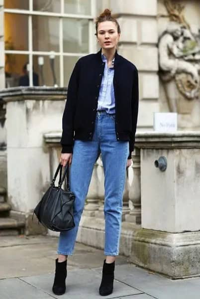 Black Bomber Jacket with Light Blue Shirt & High Waisted Vintage Mom Jeans