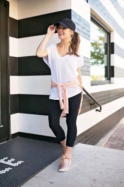 Black Baseball Cap with White Tee & Pink Metallic Shoes