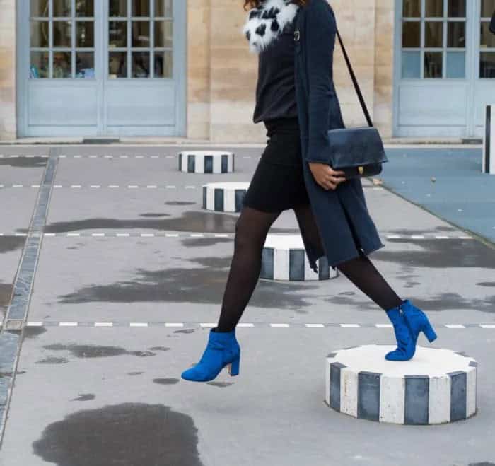 Blue Ankle Boots with Black Pencil Skirt & Long Trencher