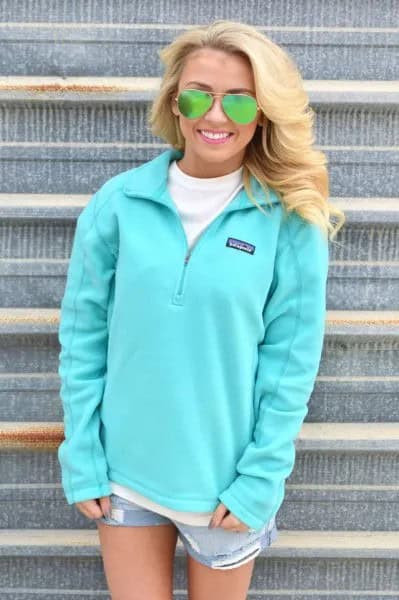 Sky Blue Quarter Zip Pullover with Mini Denim Shorts