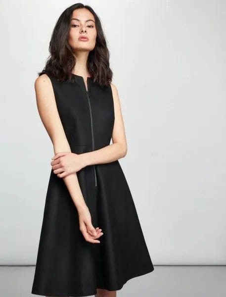 Black Zip Front Wool Knee Length Flare Dress