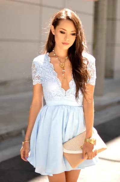 Deep V Neck Light Blue Fit and Flare Mini Dress with Blush Clutch Bag