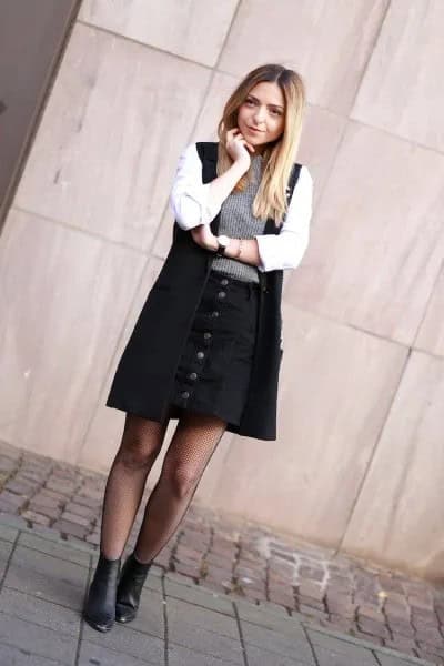 White Shirt, Black Long Vest and Button Up Skirt