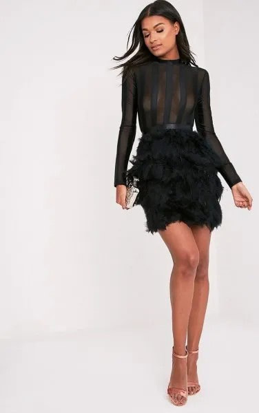 Two-Toned Black Semi-Sheer Feather Mini Dress with Silver Heels