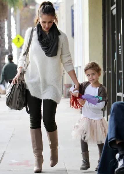 White Fuzzy Sweater Dress with Black Skinny Jeans & Boots