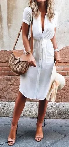 White Button Up Midi Gathered Waist Summer Dress with Pale Pink Open Toe Heels