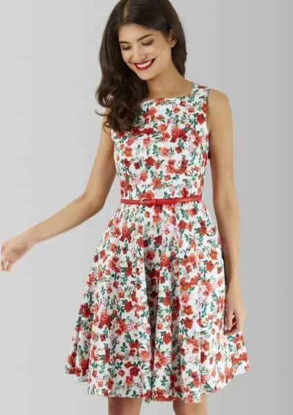 White and Red Belted Floral Skater Dress