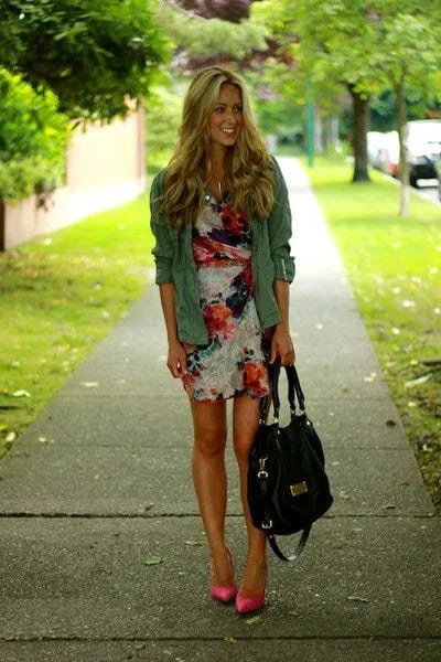 Green Parka Jacket with Gathered Waist Blush Printed Dress & Hot Pink Pointed Toe Heels