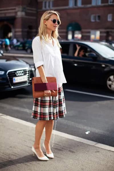 White Button Up Blouse with Relaxed Fit Plaid Skirt