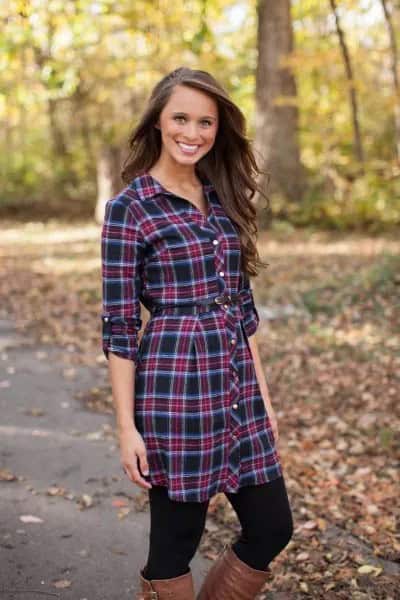 Navy Plaid Shirt Dress with Black Leggings & Leather Boots