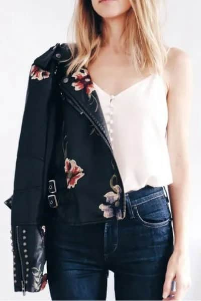 White Button Up Camisole with Black Embroidered Leather Jacket