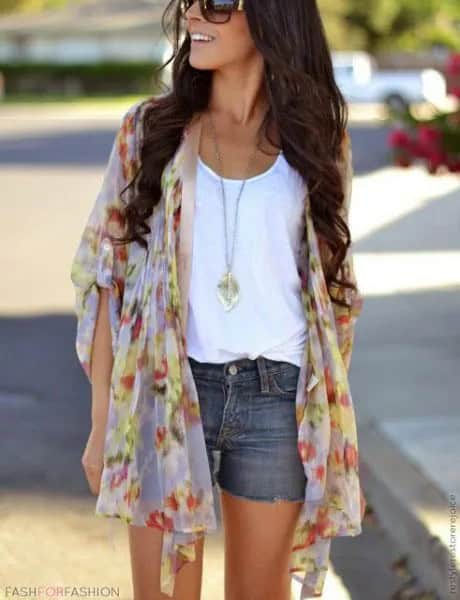 Light Blue and Blush Pink Chiffon Cardigan with Mini Grey Denim Shorts