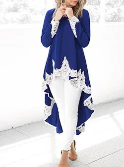 Royal Blue and White Lace High Low Tunic Dress with Skinny Jeans