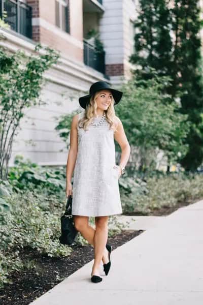 Grey Sleeveless Mini Shift Dress with Black Floppy Hat & Flats