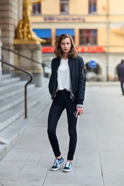 Black Bomber Jacket with Dark Skinny Jeans & Navy Shoes